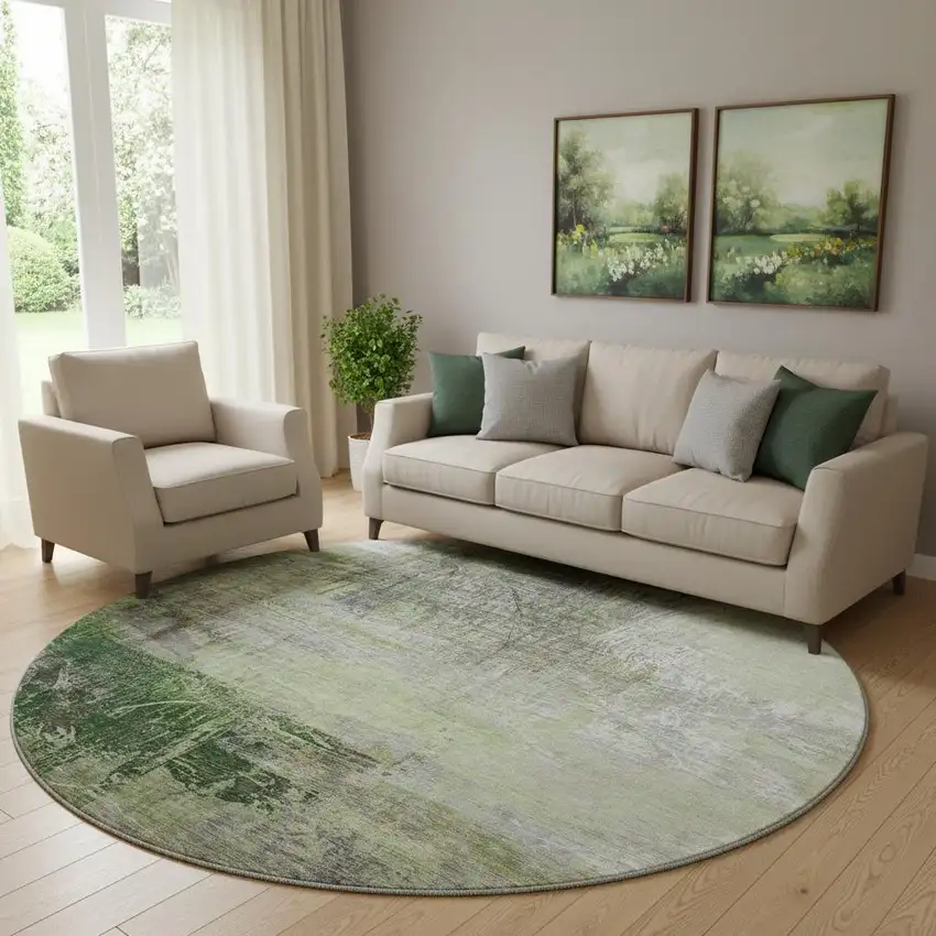 8' Sage And Ivory Abstract Washable Round Rug With UV Protection Photo 2