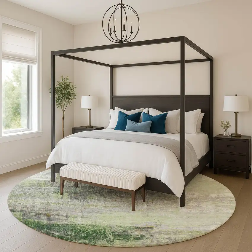 8' Sage And Ivory Abstract Washable Round Rug With UV Protection Photo 5