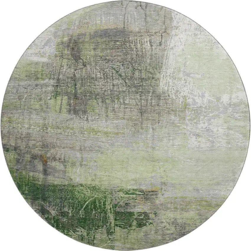 8' Sage And Ivory Abstract Washable Round Rug With UV Protection Photo 1