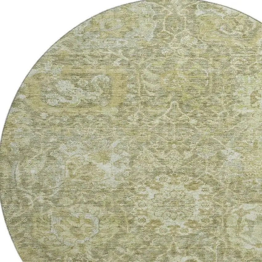 8' Sage And Ivory Damask Washable Round Rug With UV Protection Photo 2