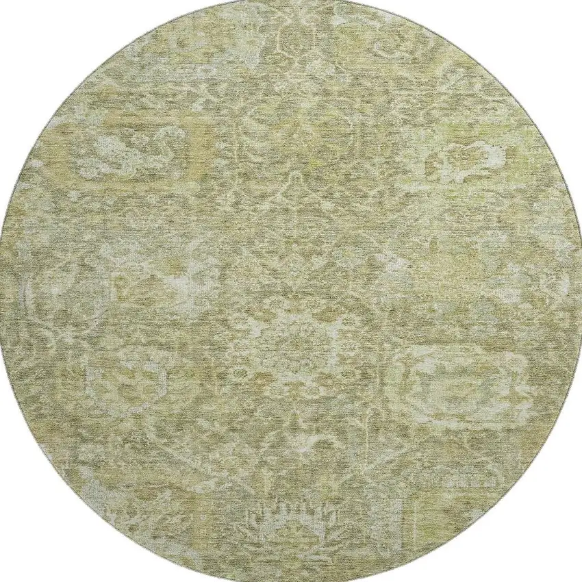 8' Sage And Ivory Damask Washable Round Rug With UV Protection Photo 3