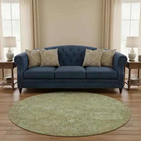 8' Sage And Ivory Damask Washable Round Rug With UV Protection Photo 2