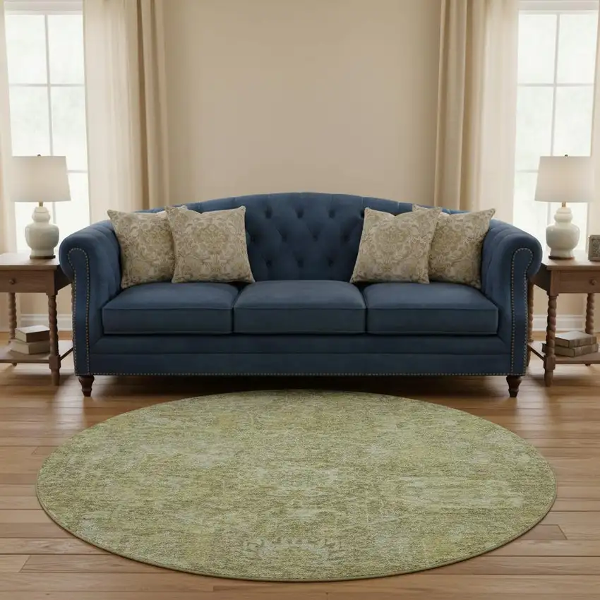 8' Sage And Ivory Damask Washable Round Rug With UV Protection Photo 2