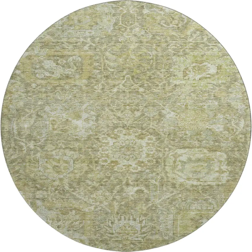 8' Sage And Ivory Damask Washable Round Rug With UV Protection Photo 1