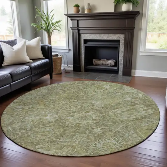 8' Sage And Ivory Damask Washable Round Rug With UV Protection Photo 4
