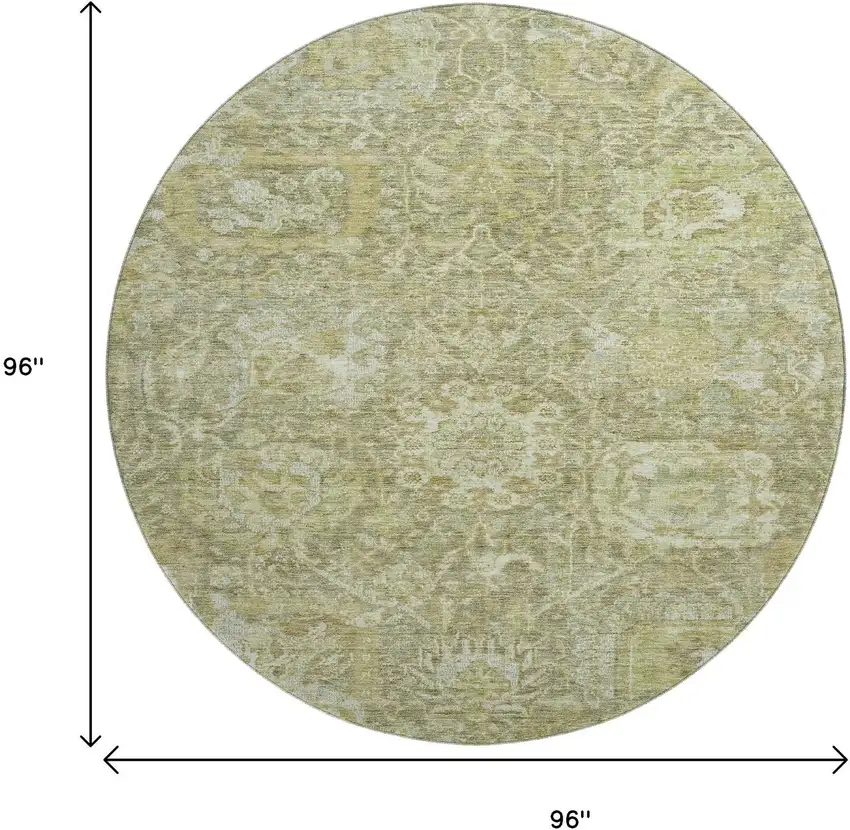 8' Sage And Ivory Damask Washable Round Rug With UV Protection Photo 9