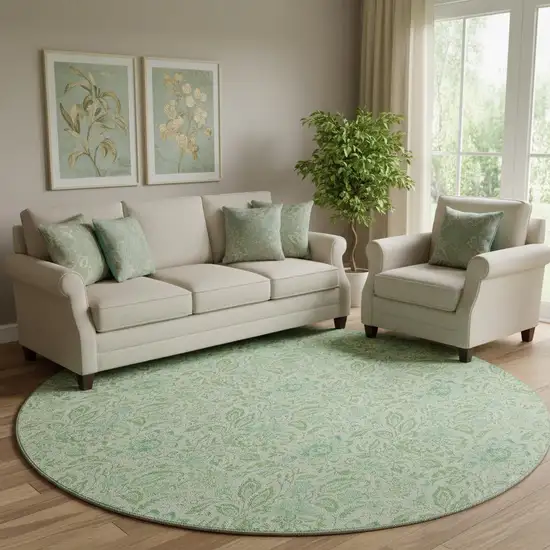 8' Sage And Ivory Floral Washable Round Rug With UV Protection Photo 1