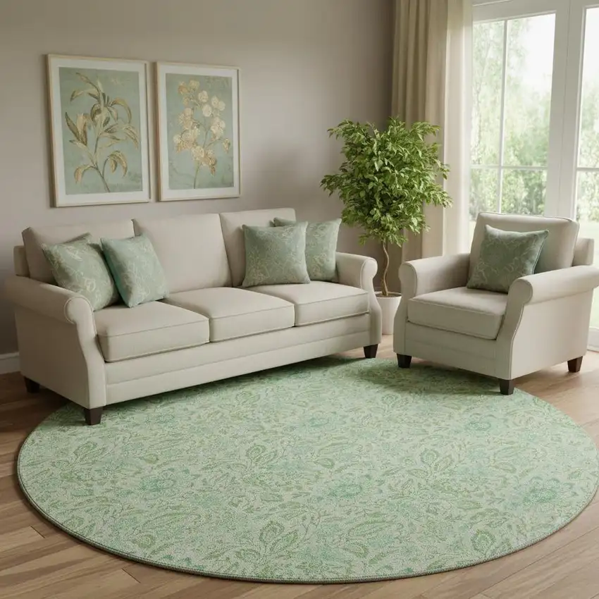 8' Sage And Ivory Floral Washable Round Rug With UV Protection Photo 1