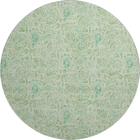 8' Sage And Ivory Floral Washable Round Rug With UV Protection Photo 1