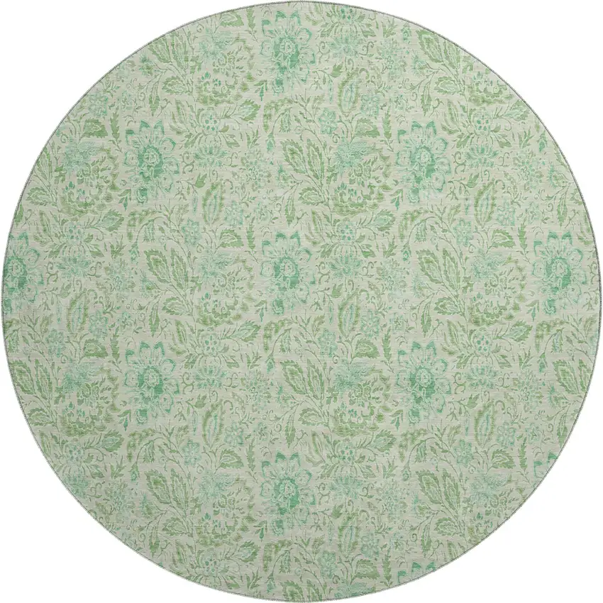 8' Sage And Ivory Floral Washable Round Rug With UV Protection Photo 1