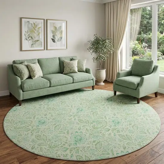 8' Sage And Ivory Floral Washable Round Rug With UV Protection Photo 1