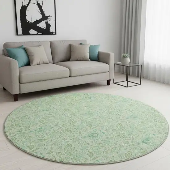 8' Sage And Ivory Floral Washable Round Rug With UV Protection Photo 2