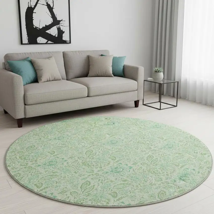 8' Sage And Ivory Floral Washable Round Rug With UV Protection Photo 2