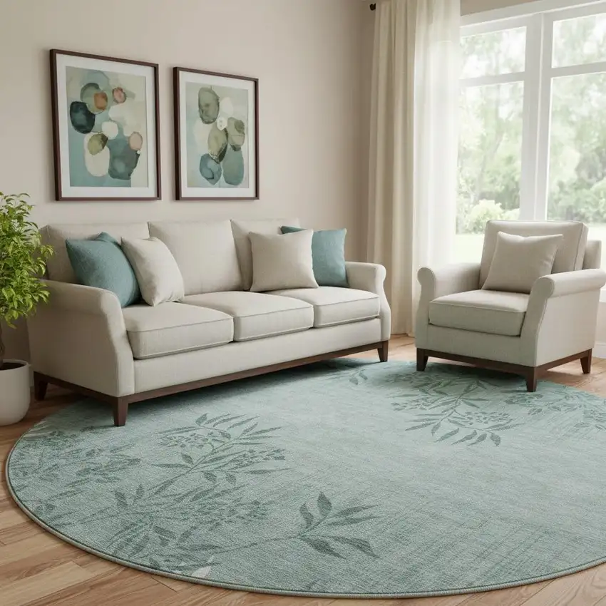 8' Sage And Ivory Floral Washable Round Rug With UV Protection Photo 1