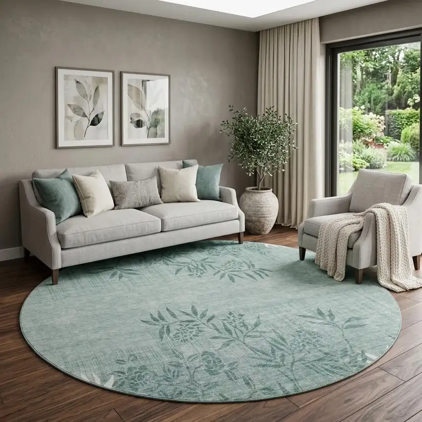 8' Sage And Ivory Floral Washable Round Rug With UV Protection Photo 1