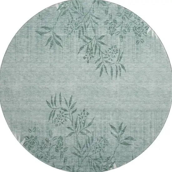 8' Sage And Ivory Floral Washable Round Rug With UV Protection Photo 1