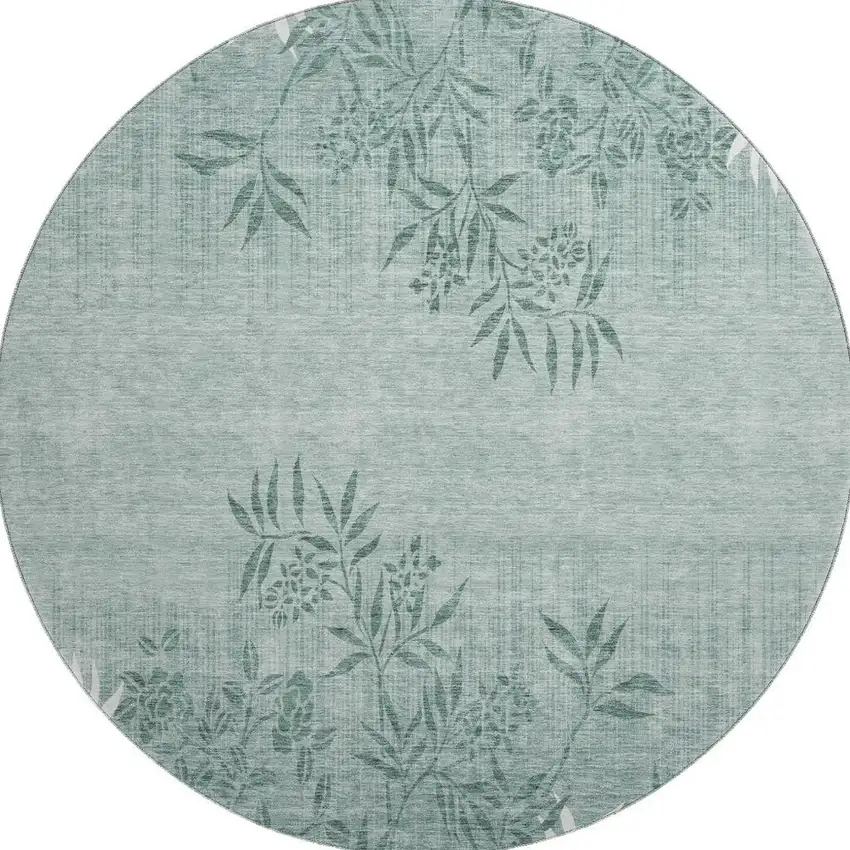 8' Sage And Ivory Floral Washable Round Rug With UV Protection Photo 1