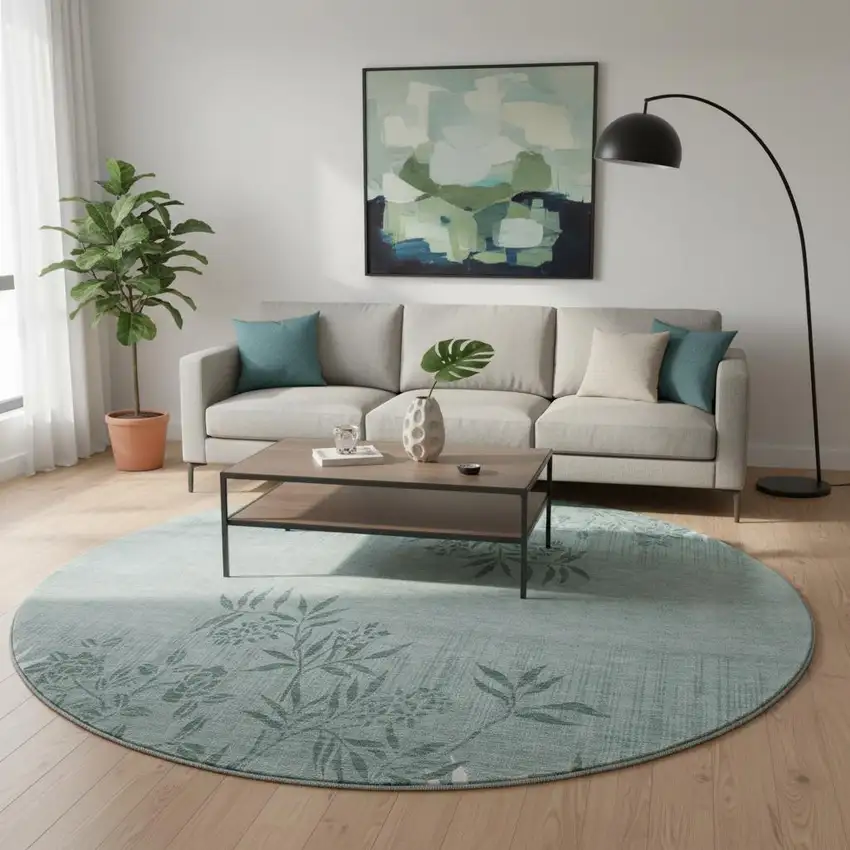 8' Sage And Ivory Floral Washable Round Rug With UV Protection Photo 2