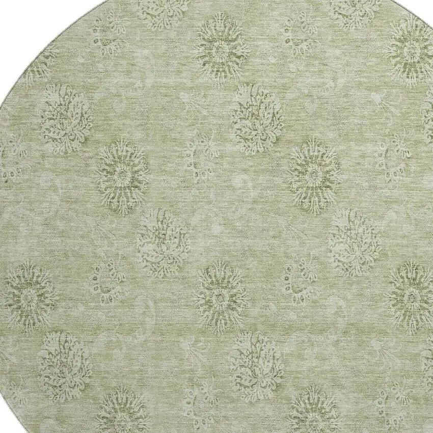 8' Sage And Ivory Floral Washable Round Rug With UV Protection Photo 3