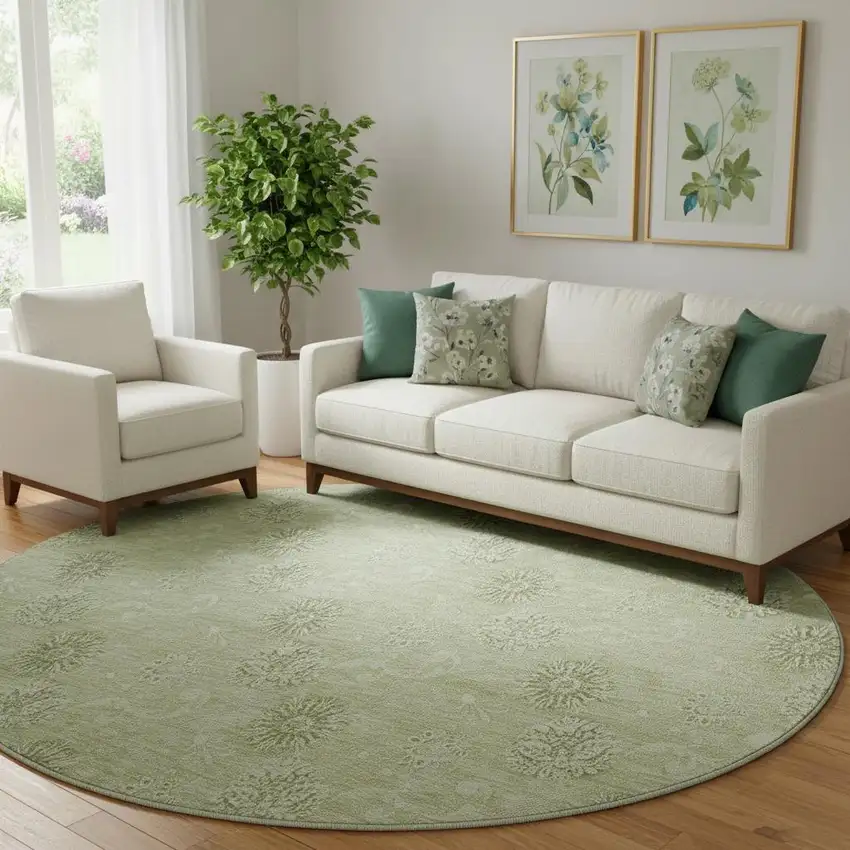 8' Sage And Ivory Floral Washable Round Rug With UV Protection Photo 1