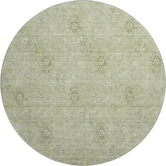 8' Sage And Ivory Floral Washable Round Rug With UV Protection Photo 1