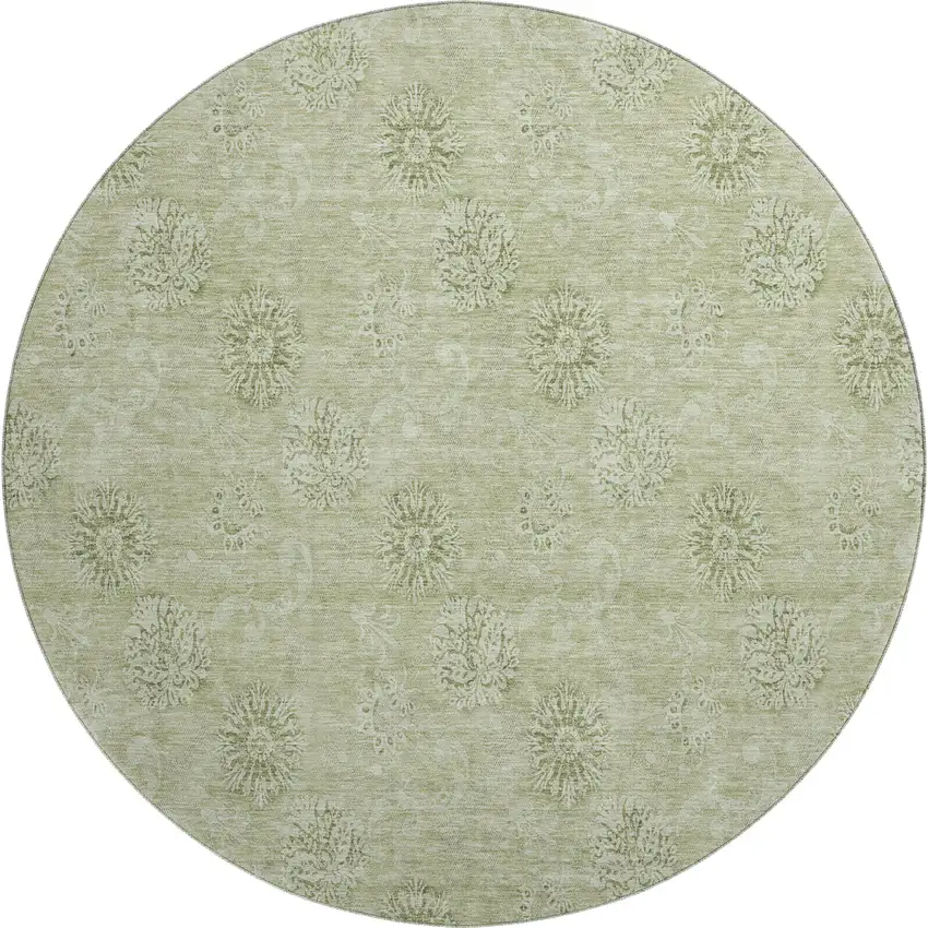 8' Sage And Ivory Floral Washable Round Rug With UV Protection Photo 1