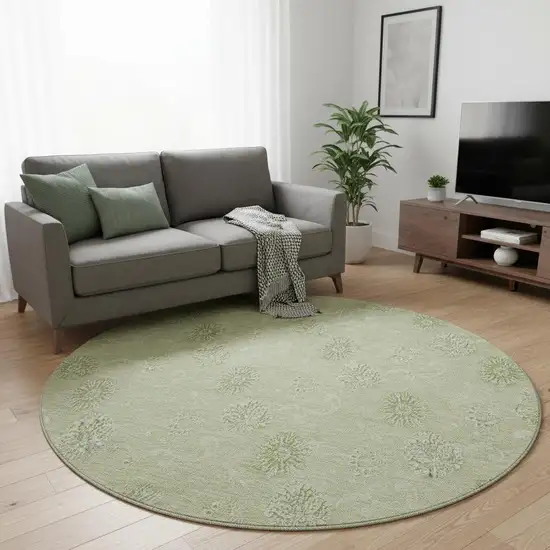 8' Sage And Ivory Floral Washable Round Rug With UV Protection Photo 2