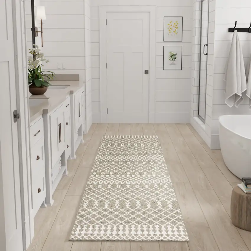 8' Sage And Ivory Geometric Runner Rug Photo 4
