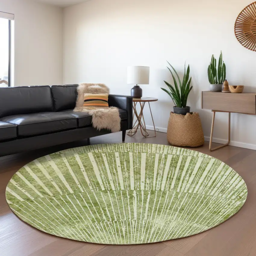 8' Sage And Ivory Geometric Washable Round Rug With UV Protection Photo 5
