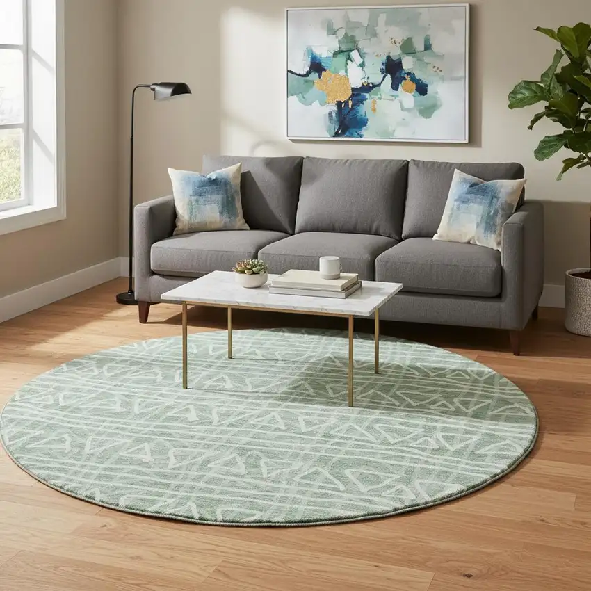 8' Sage And Ivory Geometric Washable Round Rug With UV Protection Photo 2