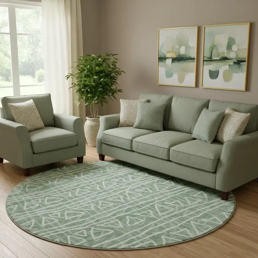 8' Sage And Ivory Geometric Washable Round Rug With UV Protection Photo 1