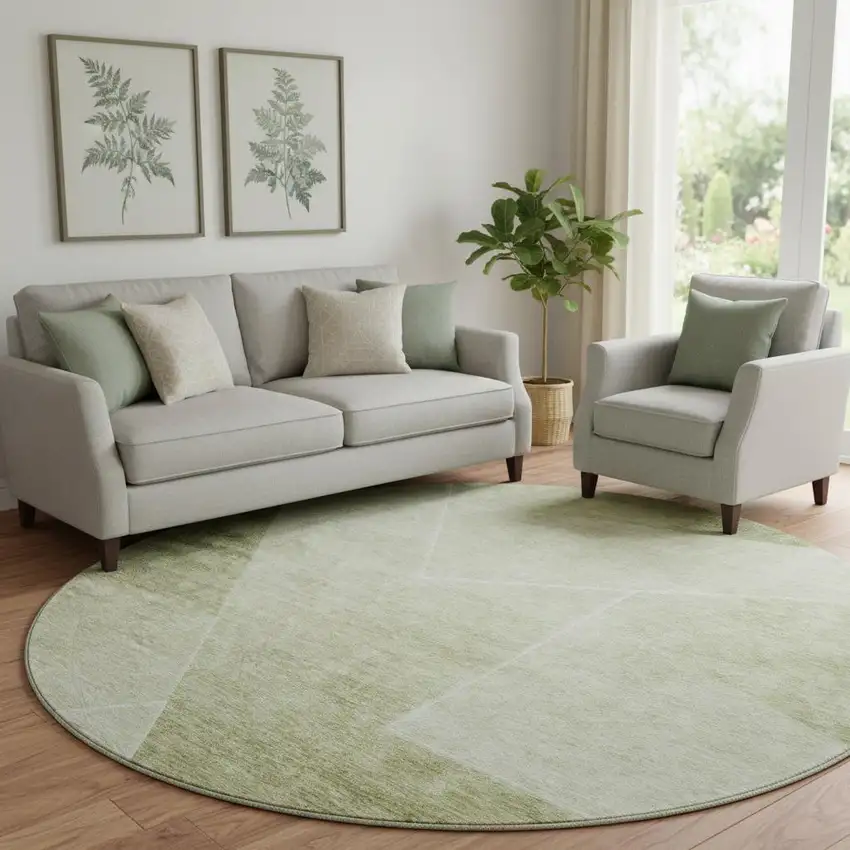 8' Sage And Ivory Geometric Washable Round Rug With UV Protection Photo 1