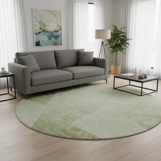 8' Sage And Ivory Geometric Washable Round Rug With UV Protection Photo 2