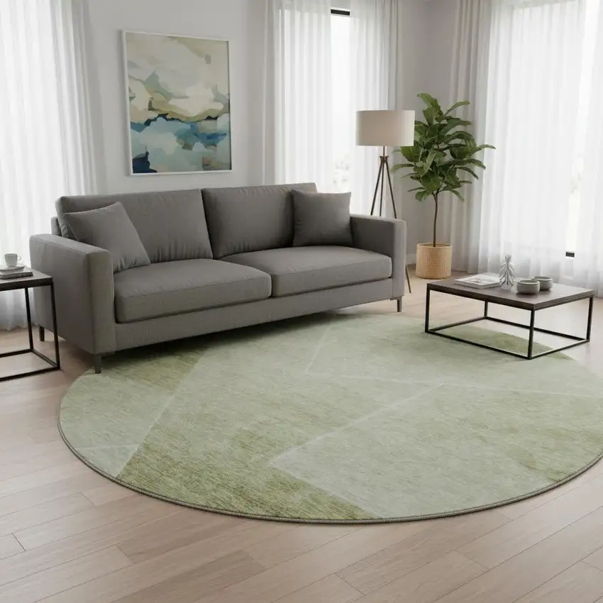8' Sage And Ivory Geometric Washable Round Rug With UV Protection Photo 2