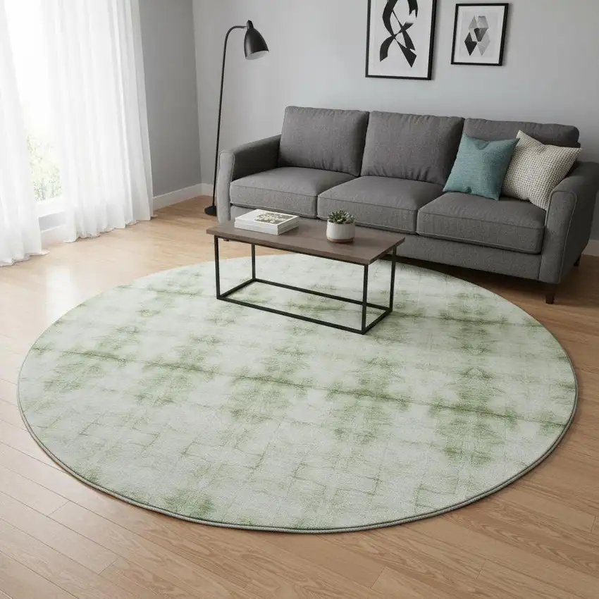 8' Sage And Ivory Geometric Washable Round Rug With UV Protection Photo 2