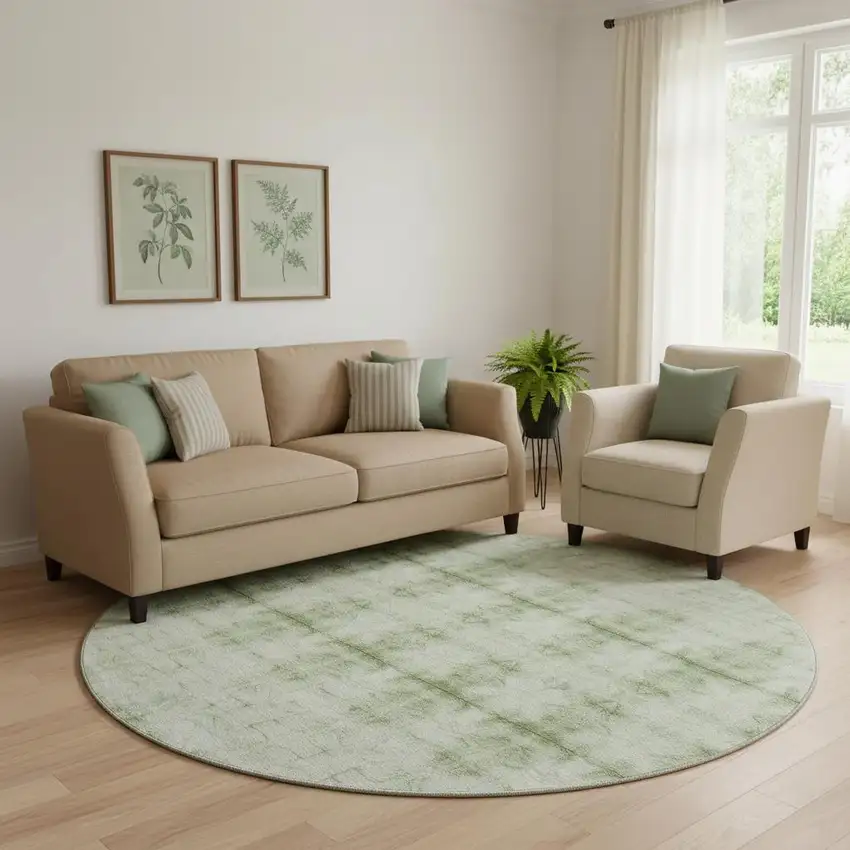 8' Sage And Ivory Geometric Washable Round Rug With UV Protection Photo 1