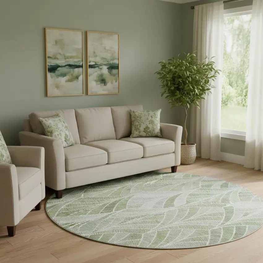 8' Sage And Ivory Geometric Washable Round Rug With UV Protection Photo 1