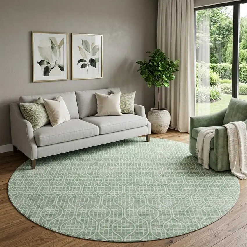 8' Sage And Ivory Geometric Washable Round Rug With UV Protection Photo 1