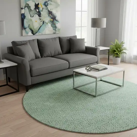 8' Sage And Ivory Geometric Washable Round Rug With UV Protection Photo 2