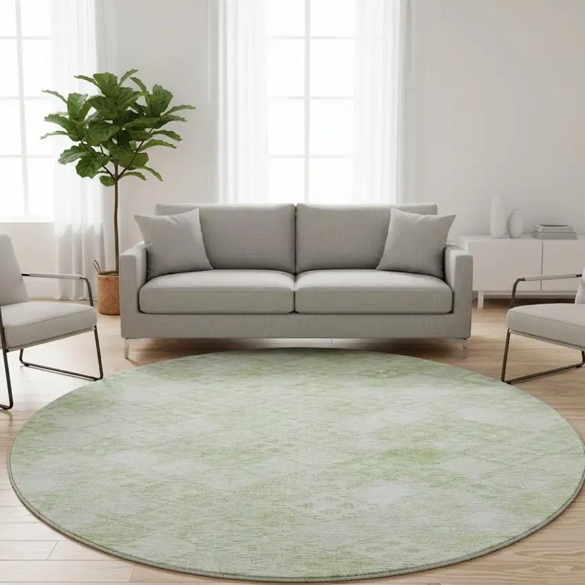 8' Sage And Ivory Geometric Washable Round Rug With UV Protection Photo 2