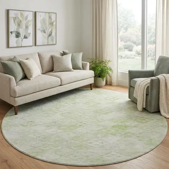 8' Sage And Ivory Geometric Washable Round Rug With UV Protection Photo 1