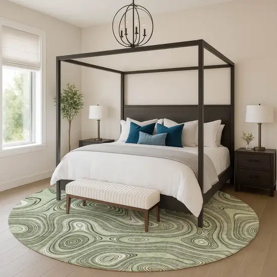 8' Sage And Ivory Geometric Washable Round Rug With UV Protection Photo 5