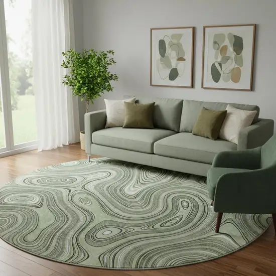 8' Sage And Ivory Geometric Washable Round Rug With UV Protection Photo 2