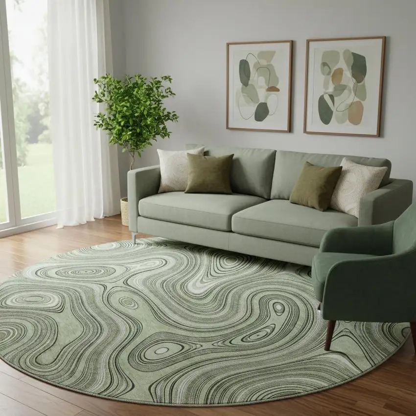 8' Sage And Ivory Geometric Washable Round Rug With UV Protection Photo 2