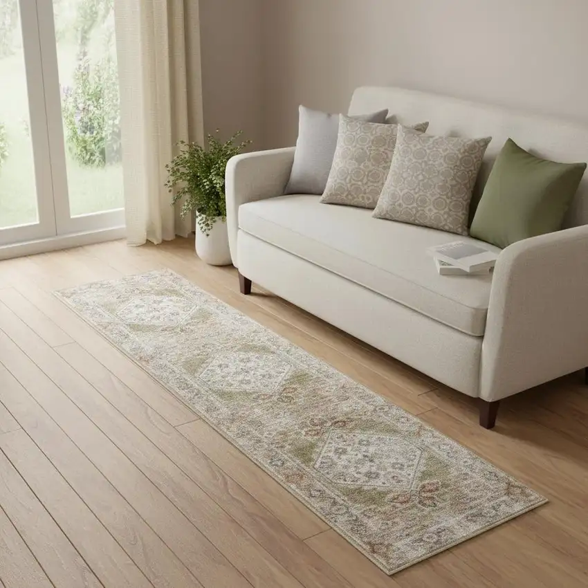 6' Sage And Ivory Oriental Distressed Runner Rug Photo 1