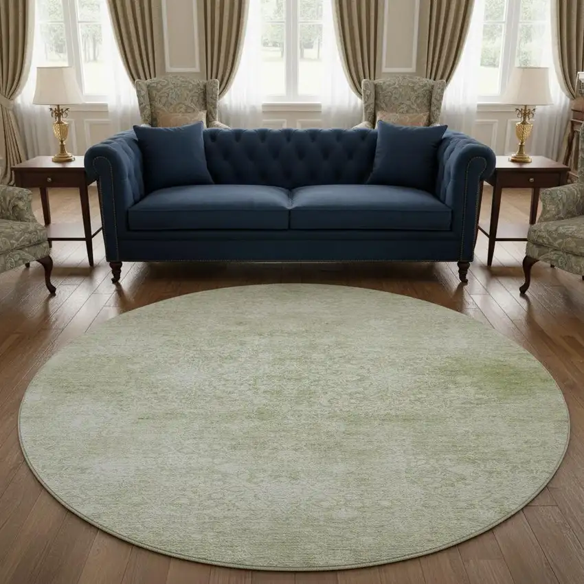 8' Sage And Ivory Oriental Washable Round Rug With UV Protection Photo 2