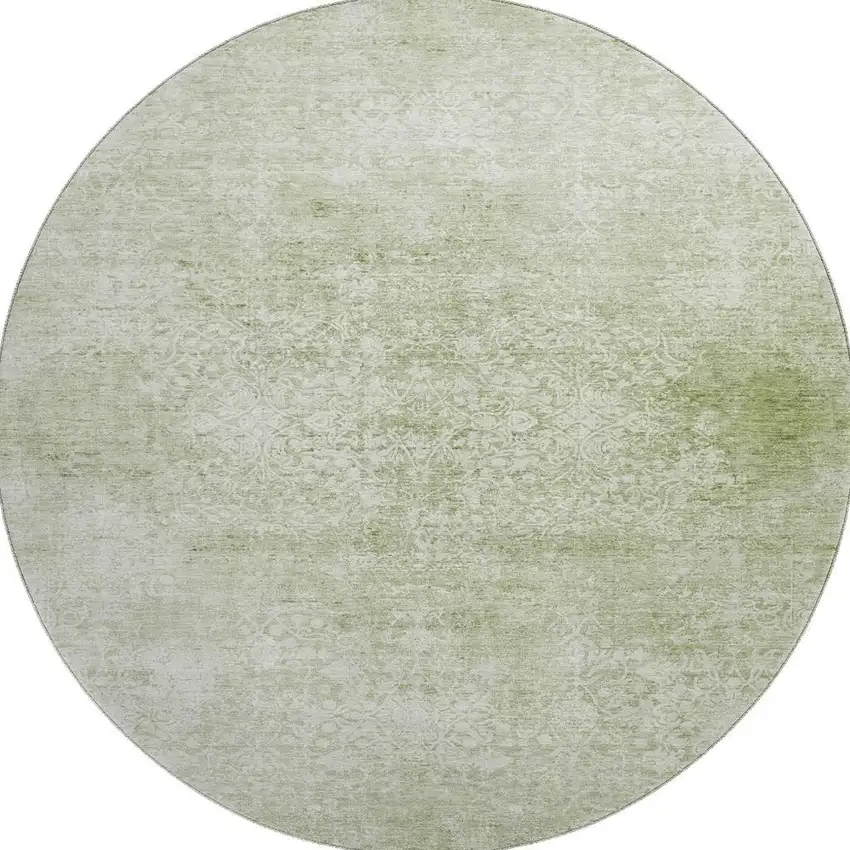 8' Sage And Ivory Oriental Washable Round Rug With UV Protection Photo 2
