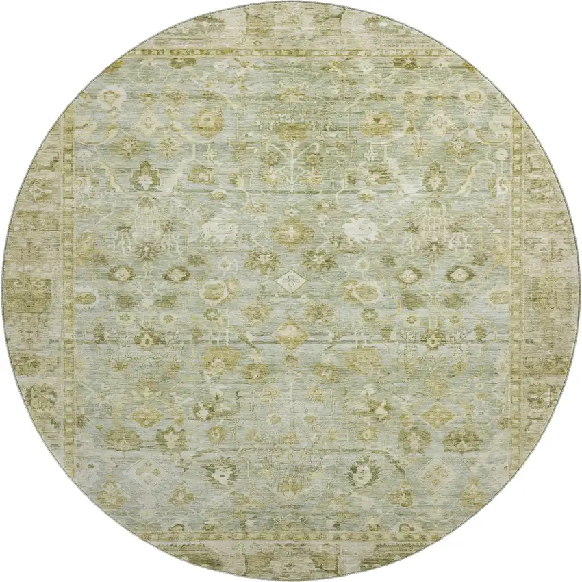 8' Sage And Ivory Oriental Washable Round Rug With UV Protection Photo 1