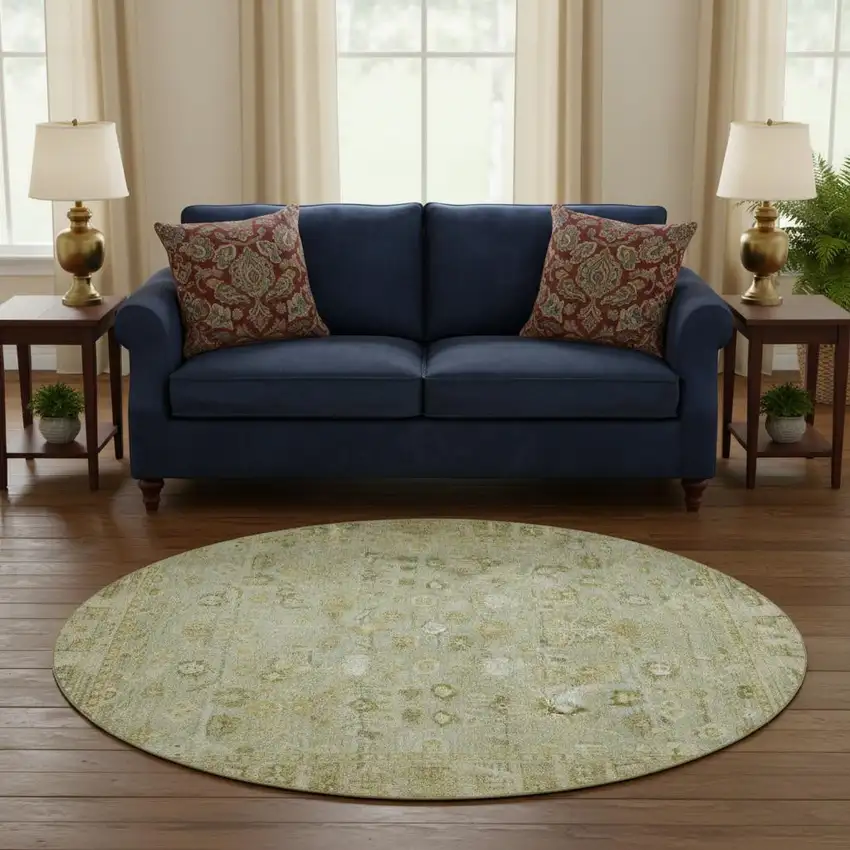 8' Sage And Ivory Oriental Washable Round Rug With UV Protection Photo 2