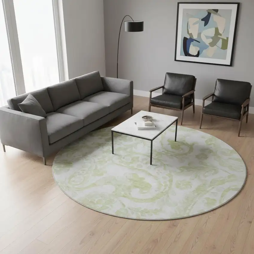 8' Sage And Ivory Paisley Washable Round Rug With UV Protection Photo 2